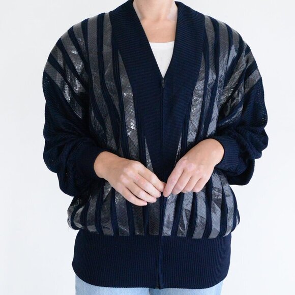 Vintage Beltrami Navy 100% Silk Zip Up Cardigan w Shoulder Pad Sweater L - Picture 2 of 14